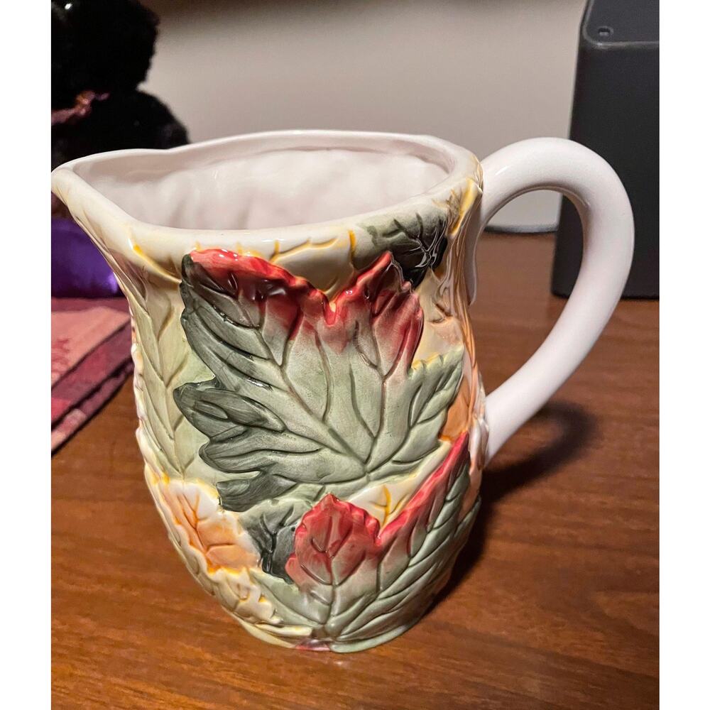 Vintage 1990s Autumn Leaves Ceramic Pitcher 6” Tall, Autumn, Fall, Decoration